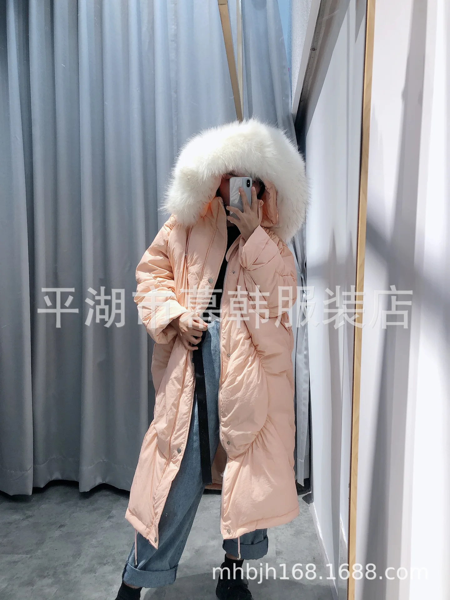 Dongdaemun,, стиль, корейский стиль, с капюшоном, большой меховой воротник, длинный, выше колена, пуховик, женское, зимнее, плотное, теплое пальто
