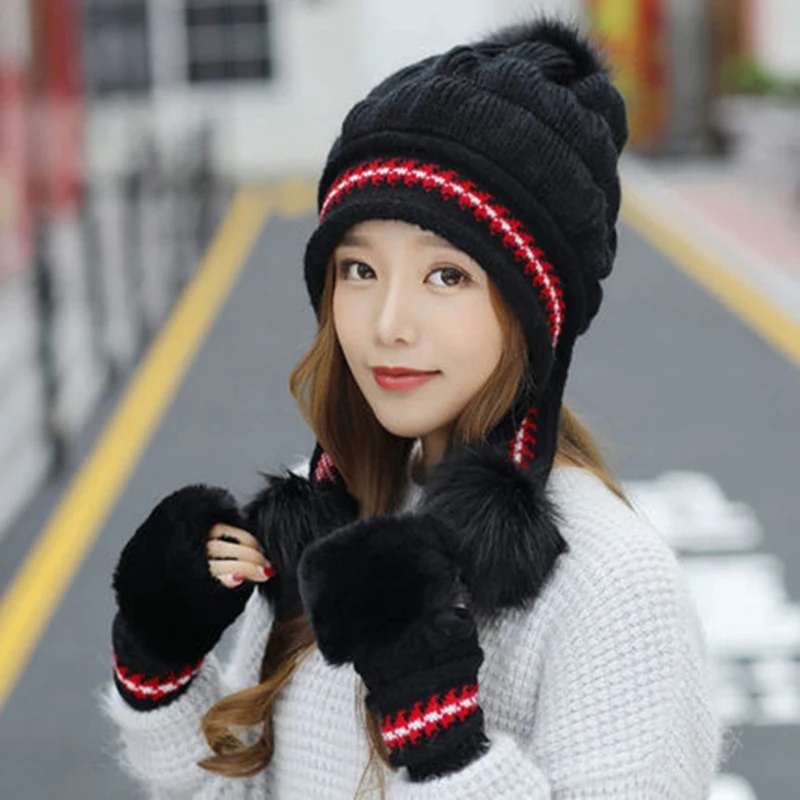Женская вязаная шапка, набор перчаток, рождественский подарок, зимняя теплая утолщенная вязаная шапочка - Цвет: HT3644BK
