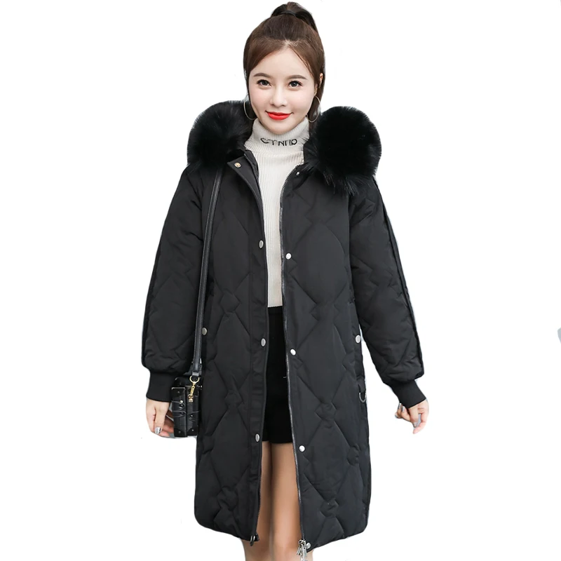 

High Quality 2019 Winter Jacket Women Solid Loose Black Beige Female Parka Padded Hooded With Fur Collar Coat