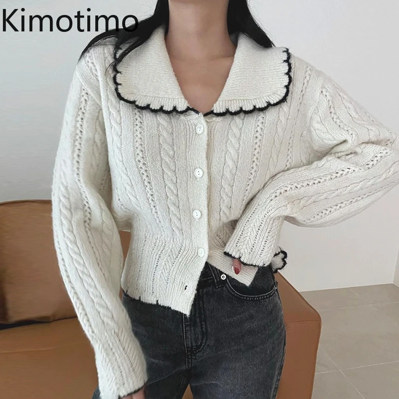 Kimotimo Knitted Cardigan Women Korean Chic Retro Turn-down Collar Wavy Edge Twist Sweater Autumn Winter Long Sleeve Crop Top |