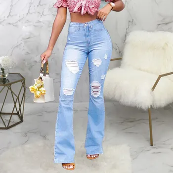 

Casual Elastic Pocket Denim Jeans Woman Mom High Waist Jeans Mujer Boyfriend Hole Ripped Jeans For Women Flare Pants Ropa Mujer