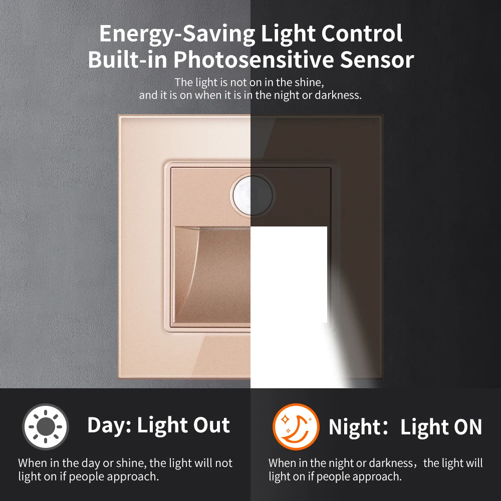 Description Picture 2 of itemUBARO Tempered Glass Panel Wall Sensor Light Balcony Corridors Stairs Human Body Induction PIR Motion Led Step Lamp Ac100-240V