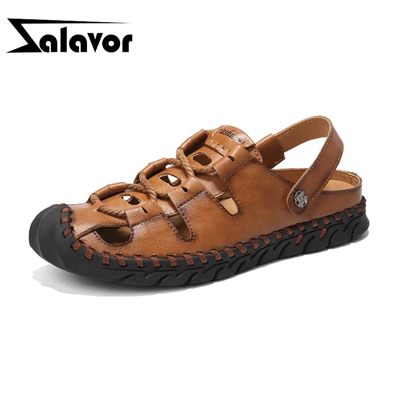 

ZALAVOR Men's Real Genuine Leather Flats Sandals Gladiator Holes Summer Shoes Vintage Flats Sandals Man Footwear Size 38-44