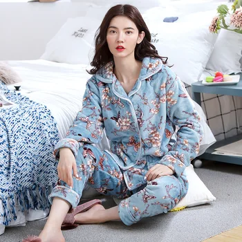 

Autumn Winter Women Flannel Pajamas Sets Girls Sleepwear Suit Thick Warm Pyjamas Soft Nightgown Female Cartoon Animal Pijamas