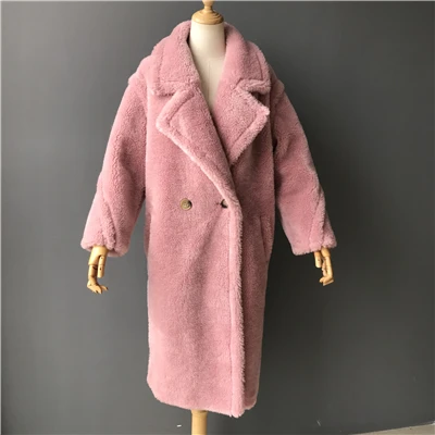 Для женщин настоящая овечья шерсть пальто ежедневный пиджак осень-зима с длинным рукавом лацкан норка мех, женская верхняя одежда, джинсовая куртка шерсть Тедди куртка медвежонок - Цвет: pink long