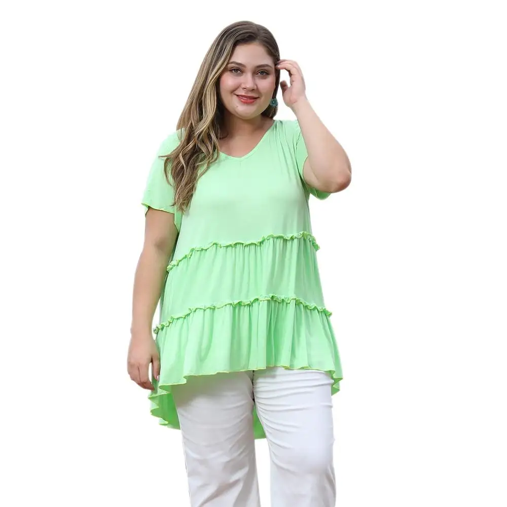 

WHZHM Summer Ruffles Long tshirt Plus Size 3XL 4XL Patchwork Women Tees Sexy Party Casual Big Size V-Neck Loose Ladies tshirt