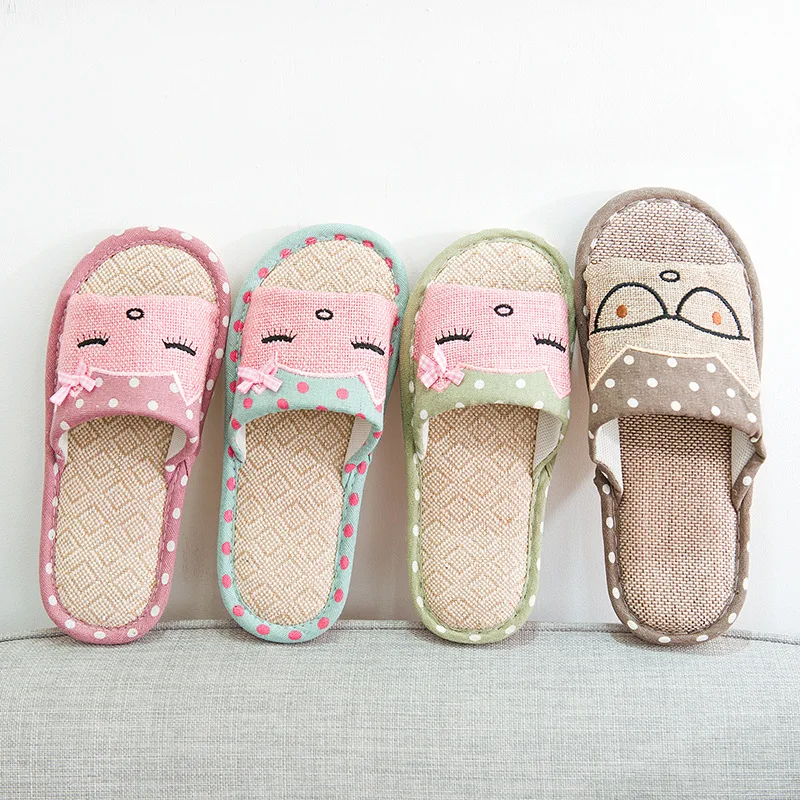 US $7.13 House Women Hemp Slippers Cute Cat Pattern Bedroom Silent Couples Flax Shoes Spring Summer Breathable NonSlip Ladies Slides