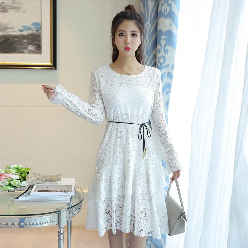 

2017 Spring New Style Korean-style Long Sleeve Lace Dress Women's Slimming Base Medium-length Dress Crocheted Flowers Pierced Wo