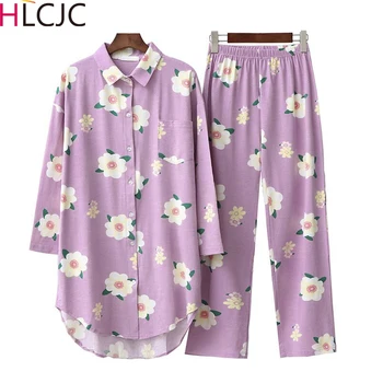 

2020 New Women Cotton Pajamas Sets Two Piece Set Flower Print Sleepwear Set Loose Long Sleeve Shirt Nightwear Set Pyjamas Women