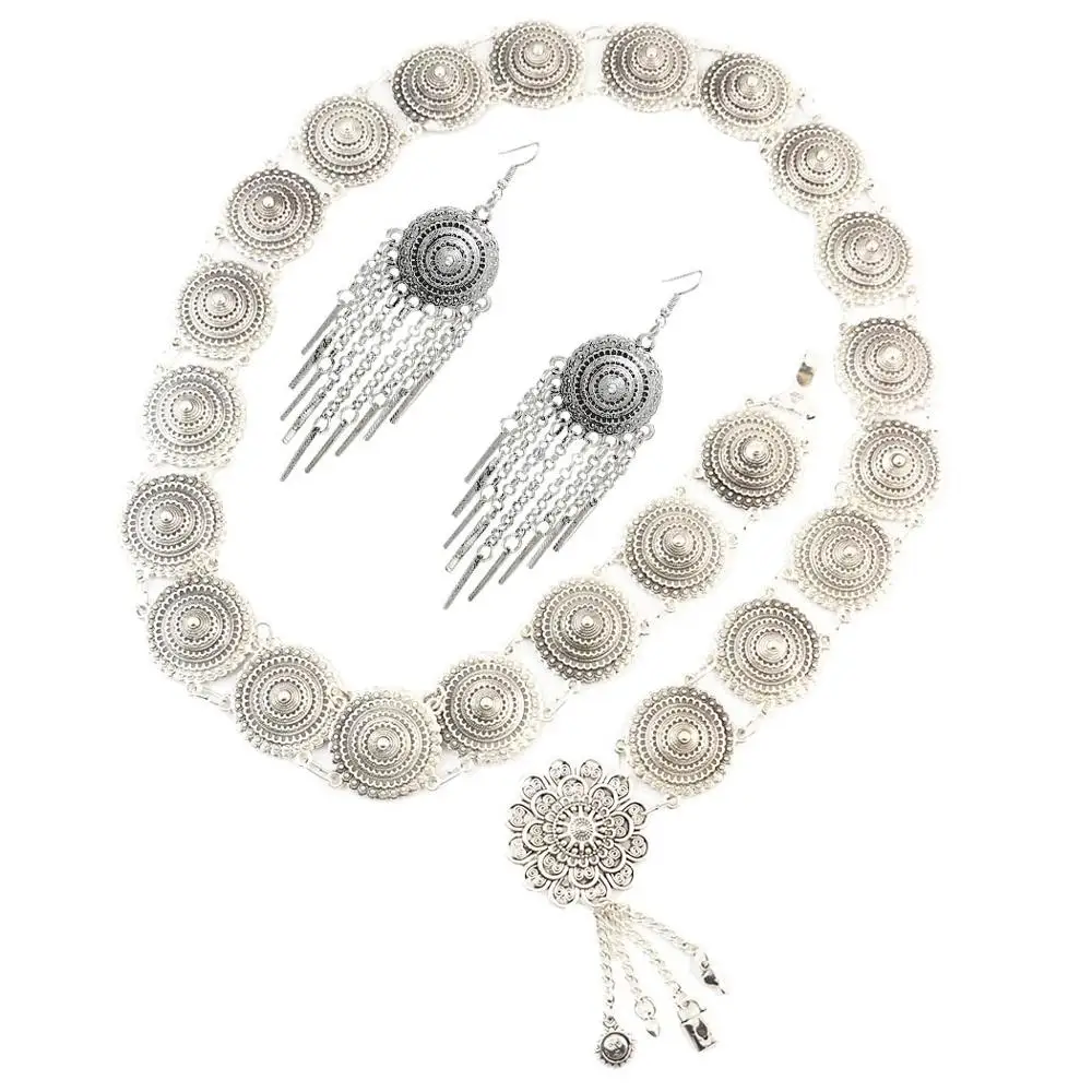 

Boho Turkey Sexy Ladies Belly Waist Chain&earrings sets Tribal Gypsy Carved Flower Indian Gypsy Beach Dance Belt Body JewelrySet