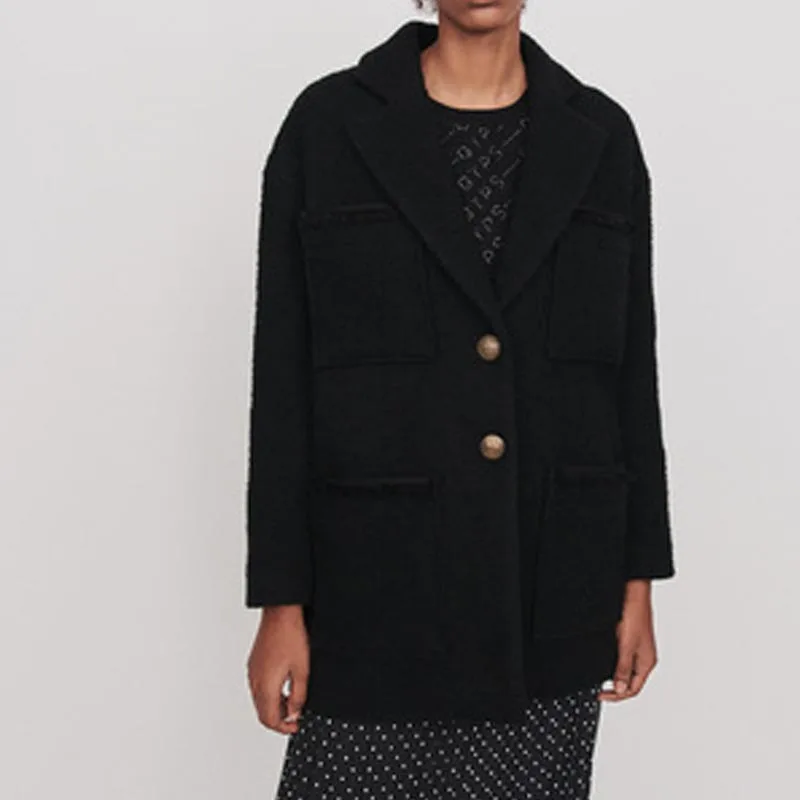 

2019 Autumn and Winter New Suit Collar Pockets Solid Coats & Jackets Long-sleeved Woolen Women's Wool & Blends