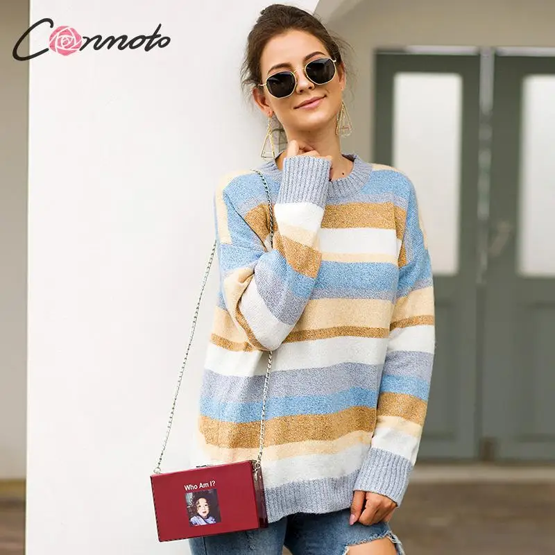 Conmoto 2019 Autumn Winter Stripe Women Jumpers Sweater Female Casual Color Block Long Sleeve Knit Tops Pullover Plus Size | Женская