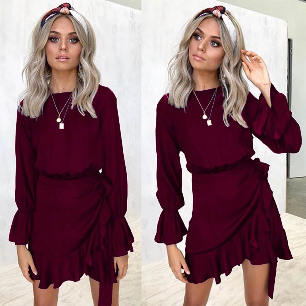 

CINESSD Solid Color Tight Dress Lady Flare Sleeve Sexy Solid Color Ruffle Bandage Dress Slim Mini Elegant Ruffle Dress