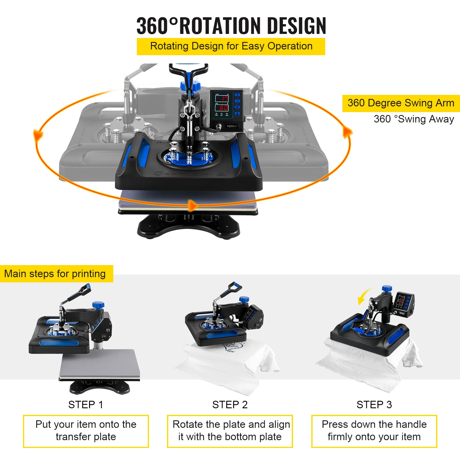 VEVOR VEVOR Heat Press 12X15 Inch 6 In 1 Heat Press 1000W Swing Away Black  Sublimation Printer Transfer Machine T-Shirt Press with Dual-tube Heating  Accurate Control Screen Display for DIY Shoes Cap