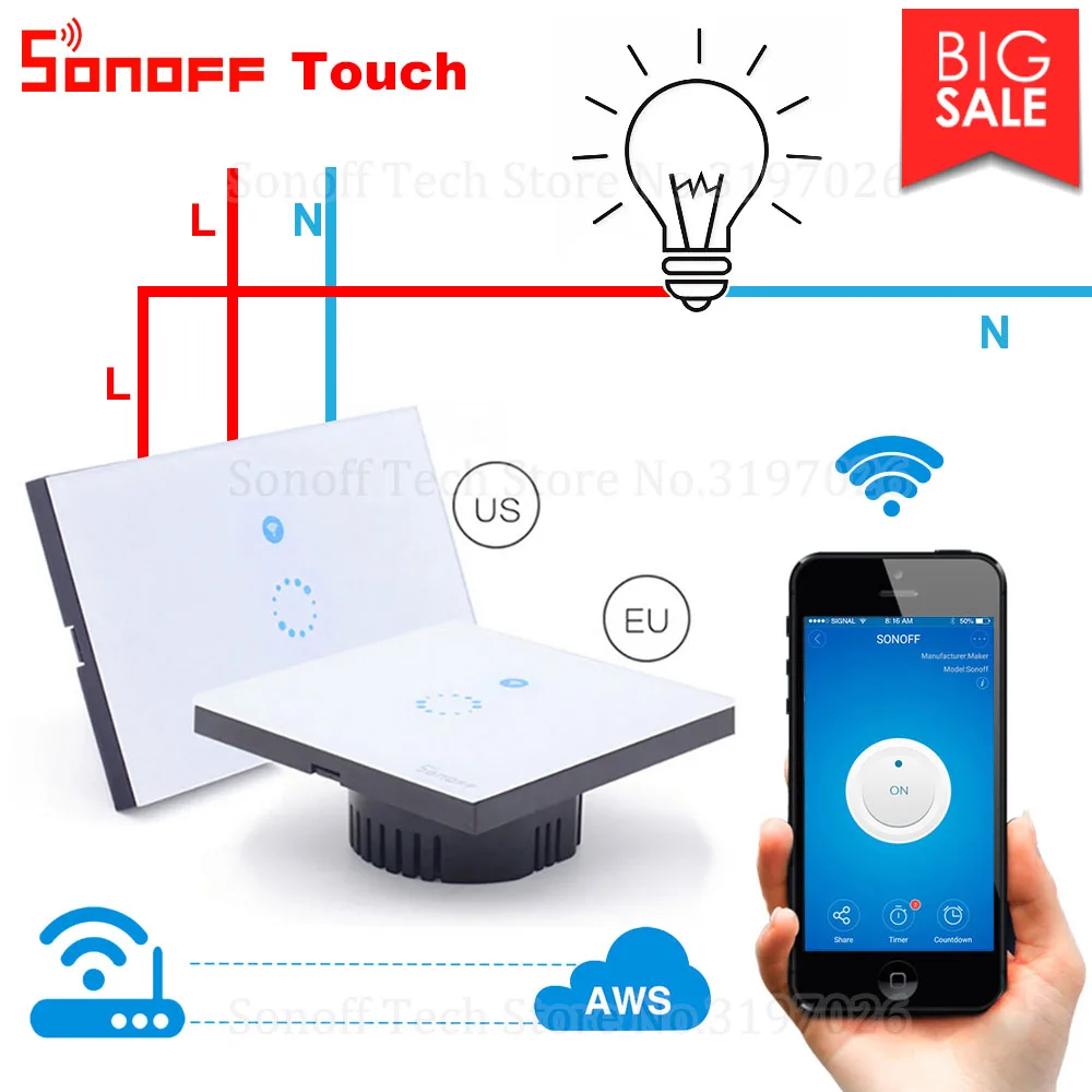 

Itead Sonoff Touch EU US Wifi Wall Touch Switch With Smart Home Wireless Remote Light Relay App Control Work with Alexa Google