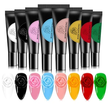 

ABVP 8 Colors/Set 3D Nail Carving Embossed Phototherapy Glue with Free 8PCS Carved Head Mold Silk Flower Rose Design Decals Soft