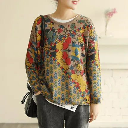 

2020 Spring Sweater Women Loose Retro Knitting Pullovers Tops New Ladies O-Neck Print Casual All-match Sweater Vintage Tops