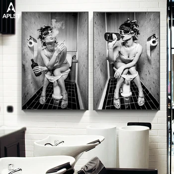

Toilet Poster Sexy Woman Canvas Prints Bar Girl Smoking and Drinking in Restroom Painting Picture Black & White Wall Art Decor