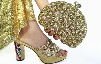

Gold wedding/party set high heel sandal shoes and bag set elegant pumps with purse handbag GL2 Heel Height 8.5 CM