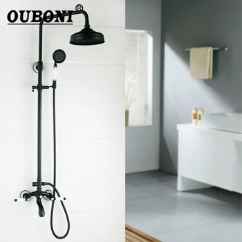 

OUBONI Round Bathroom Oil Rubbed Bronze Swivel 8" Rainfall Shower Head +Heldhead Shower Faucet Set Bathtub Mixer Tap