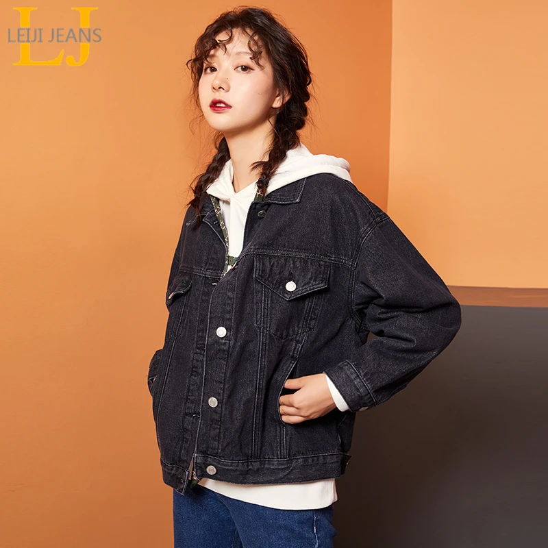 Женская длинная джинсовая куртка LEIJIJEANS простая черная и голубая однобортная