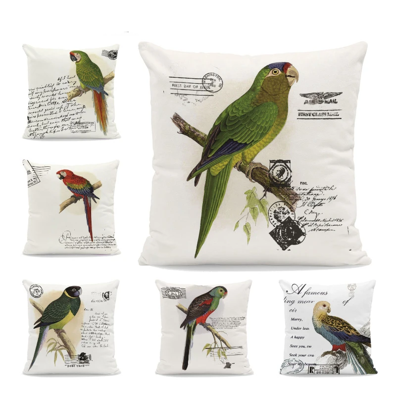 

Classic Beautiful Bird Cushion Set Parrot Letter Branches Living Room Decoration Pillowcase Pattern Stamp Velvet Pillowcase
