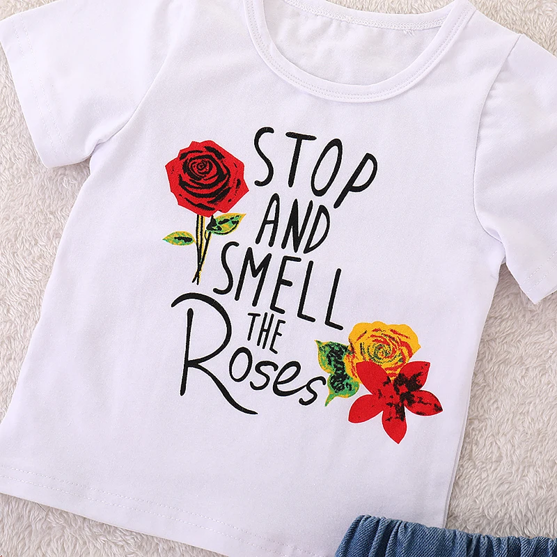Kids Set Children's Clothes Suit Summer Flower Print Set Top+Denim Skirt 2Pcs Toddler Children Outfits Clothing Sets kids clothing set girls clothing set