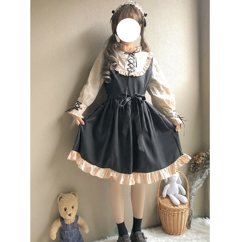 

Sweet JSK Lolita Dress OP Cute Ruffles Puff Sleeves Bowtie High Waist Black Beige Princess Tea Party Girls Women Casual Dress