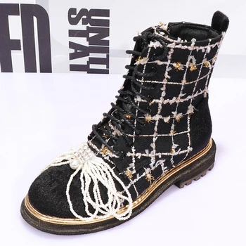 

OLOMLB Womens Round Toe Plaid Check Pearls Round Toe Ankle Boots Creepers Lace Up Oxfords Shoes A\Black British Styles Girls