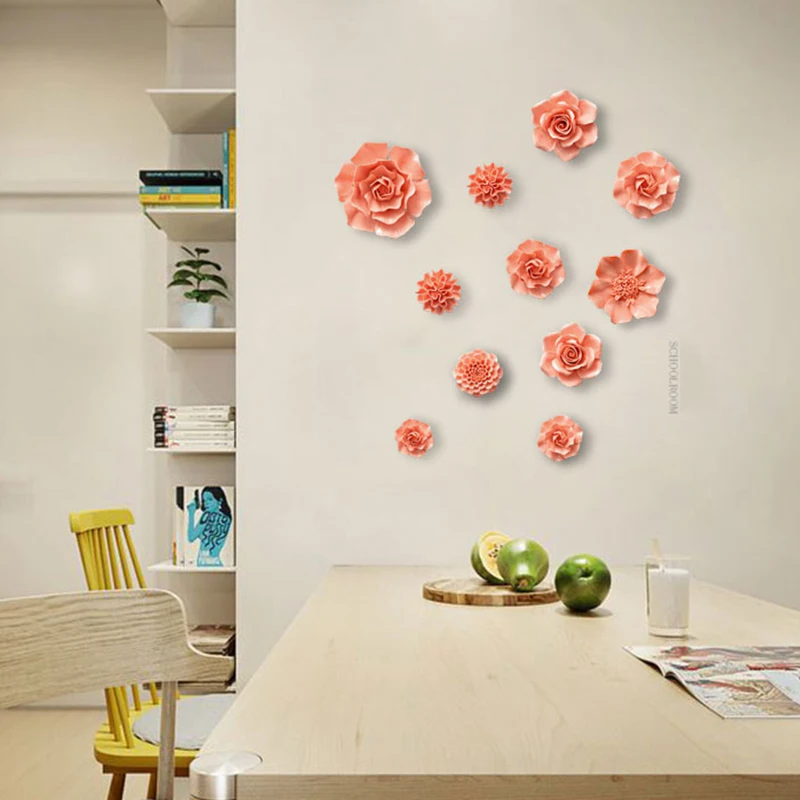 Chinese Orange Ceramic Peony Rose Flower Wall Hanging Home Livingroom Wall Sticker Decoration Cafe Store Lobby Mural Crafts