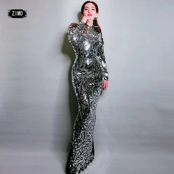 

fashion Design Bright Full Mirror Rhinestone Long Dress Women Evening Birthday Costume Prom Celebrate Grey Bling black Dresses
