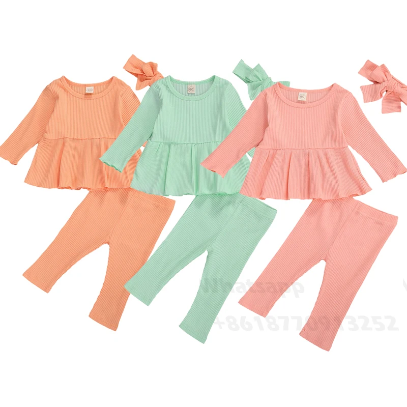

3Pcs Fashion New Fall Winter Baby Girls Clothes Ribbed Solid Casual Long Sleeve Mini Dress+Pants+Headband 3pcs Toddler Kids Set