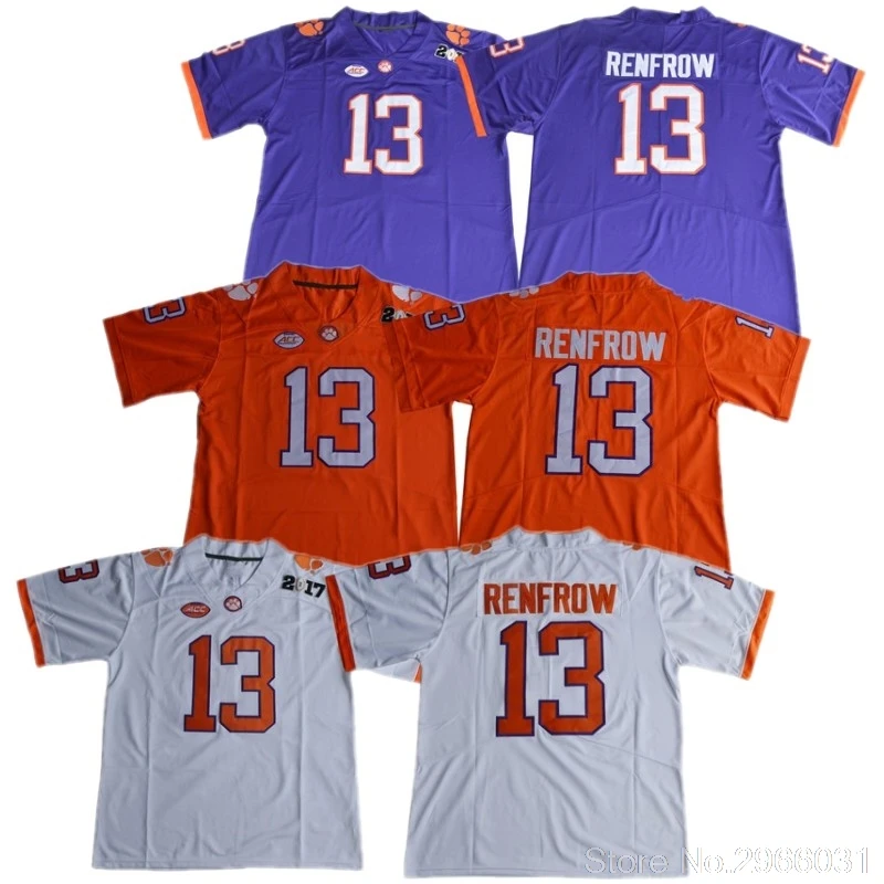 Мужская футболка Clemson college 13 Hunter Renfrow, цвет белый, фиолетовый, оранжевый, сшитая, размер S-3XL