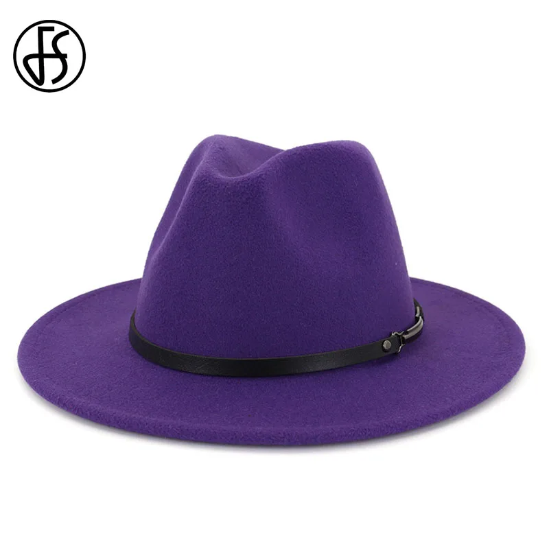 FS Purple Wide Brim Simple Church Derby Top Hat Panama Solid Color Felt