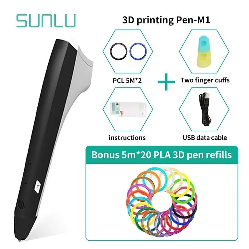Горячая Распродажа, черный цвет, M1, 3D Ручка для рисования, для детей, для изучения интеллекта, гаджет, SUNLU, бренд, 3D печать, ручка, поддержка PLA/PCL заправки