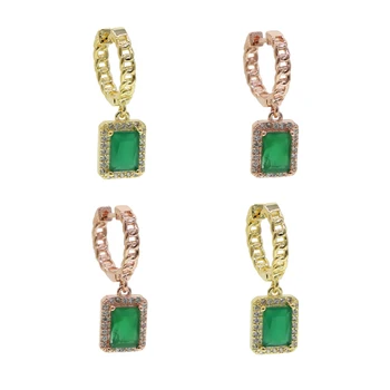 

Big green cubic zirconia cuban chain huggie hoops Halo cz charm hoop earring gold rose gold
