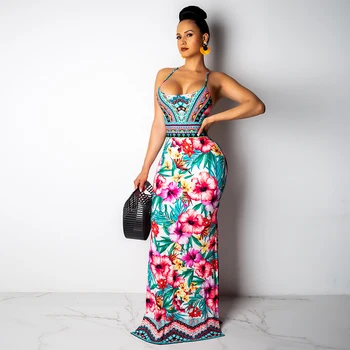 

Women Bohemian Floral Print Halter Open Back Floor-Length Maxi Dress Summer Beach High Split Party Dresses Plus Size Vestidos