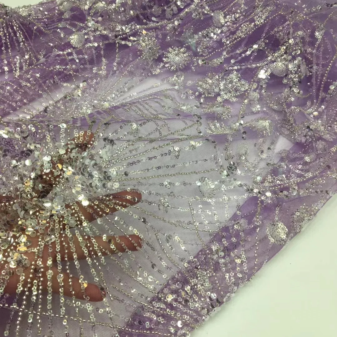 

(5yards/pc) High grade tube beads sequins African tulle lace lilac purple French net lace fabric for gorgeous party dress FSS437