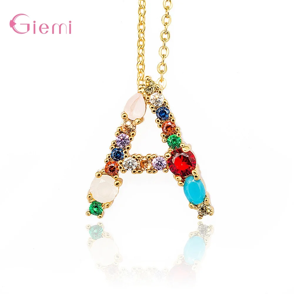 New Arrivals Trendy 925 Sterling Silver Golden Colorful Crystal Paved A-Z Character Pendant Necklace For Women Girl Wife Jewelry | Украшения