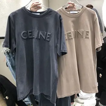 CELINE-Camiseta holgada de manga corta con cuello redondo para Mujer, Ropa para Mujer, camiseta de talla grande, novedad de verano de 2021