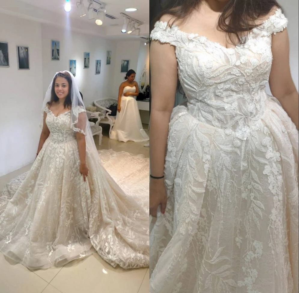 

2020 Modern Ball Gown Wedding Dresses Princess High-end Off Shoulder Lace Applique Sheer Back Plus Size Bridal Gown