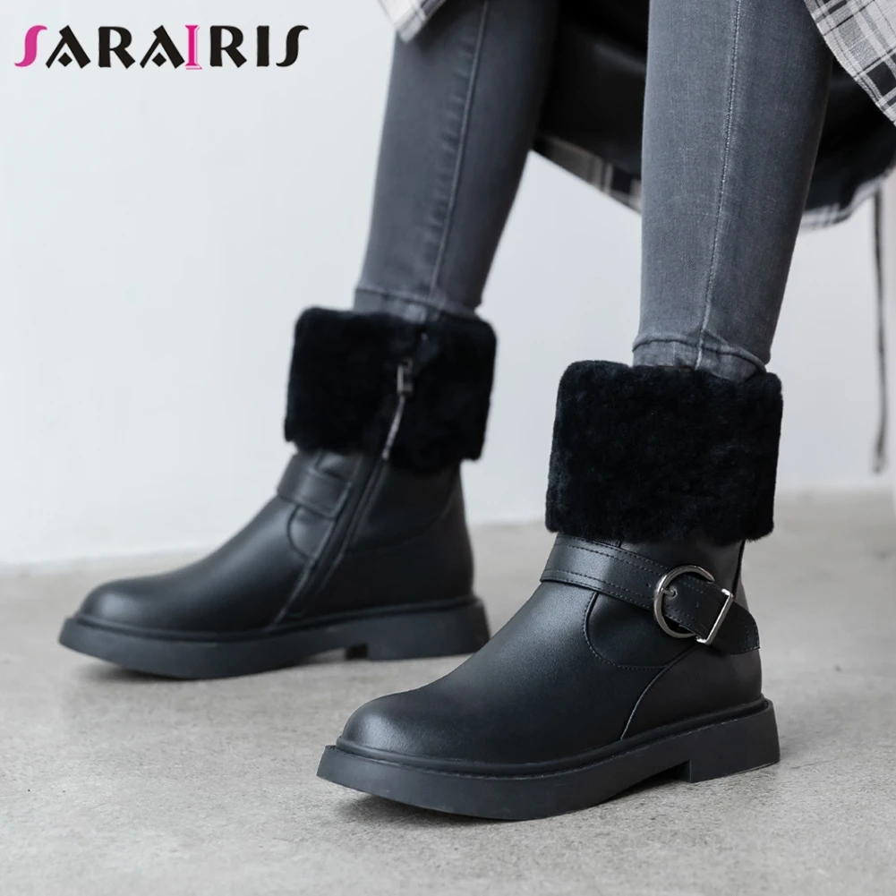 

SARAIRIS New Winter High Quality Genuine Leather Ankle Boots Women 2020 Warm Fur Booties Ladies Black Platform Shoes Woman