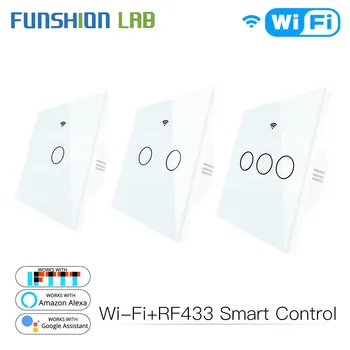 

WiFi Smart Switch Remote Control Glass Panel Tuya Light Switch Works With Alexa Echo Google Home RF433 EU Type White Touch