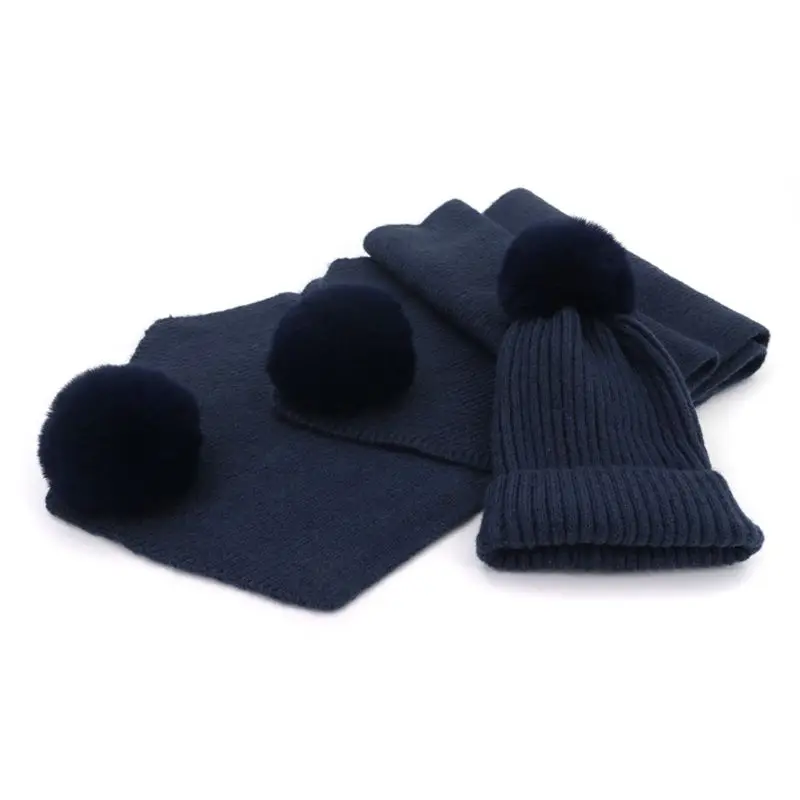 THINKTHENDO 2 шт./компл. для взрослых и детей зимние вязаные из искусственной шерсти с пушистым помпоном шапка длинный шарф набор - Цвет: Adult Navy