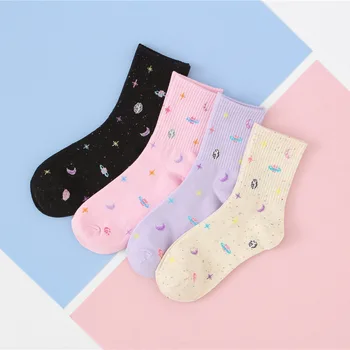 

Women Colorful Universe Patterned Cotton Socks Moon Star Original Casual Joker For Ladies Youthful College Style Joker Sox