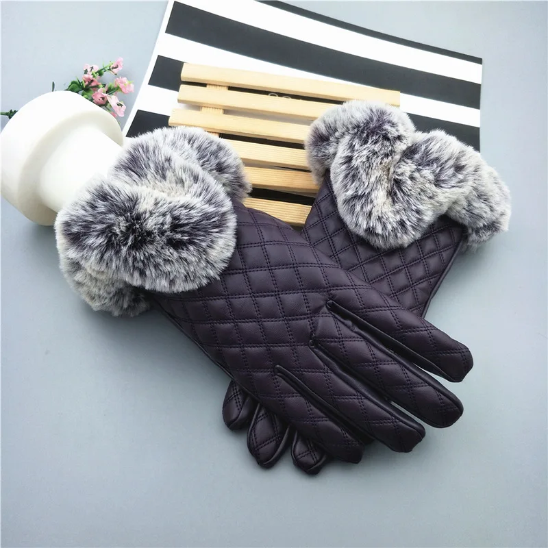 Sparsil, Женская Зимняя перчатка из искусственной кожи, высокое качество, полный палец, имитация кроличьего меха, перчатки для сенсорного экрана, теплые элегантные женские варежки - Цвет: Purple