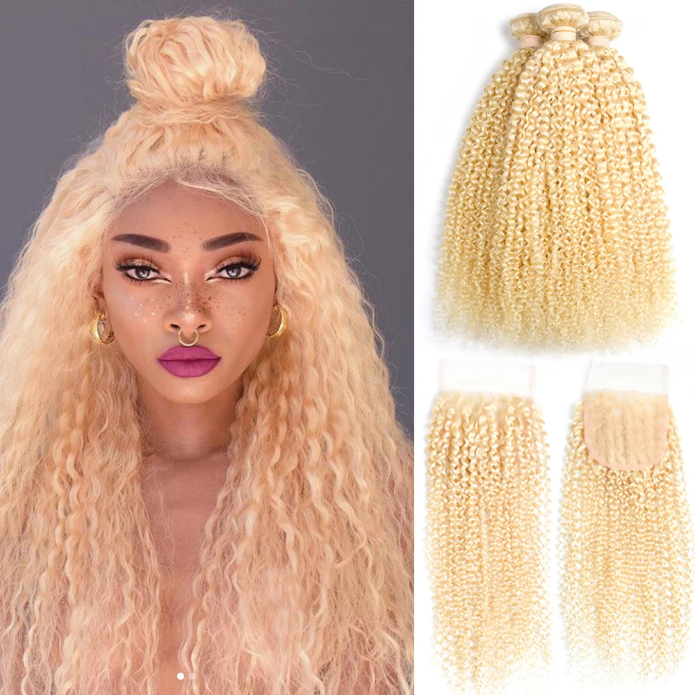 

BEAUDIVA 613 Blonde Bundles With Closure Kinky Curly Hair Bundles With Closure Non Remy Human Brazilian Hair Weave Bundles
