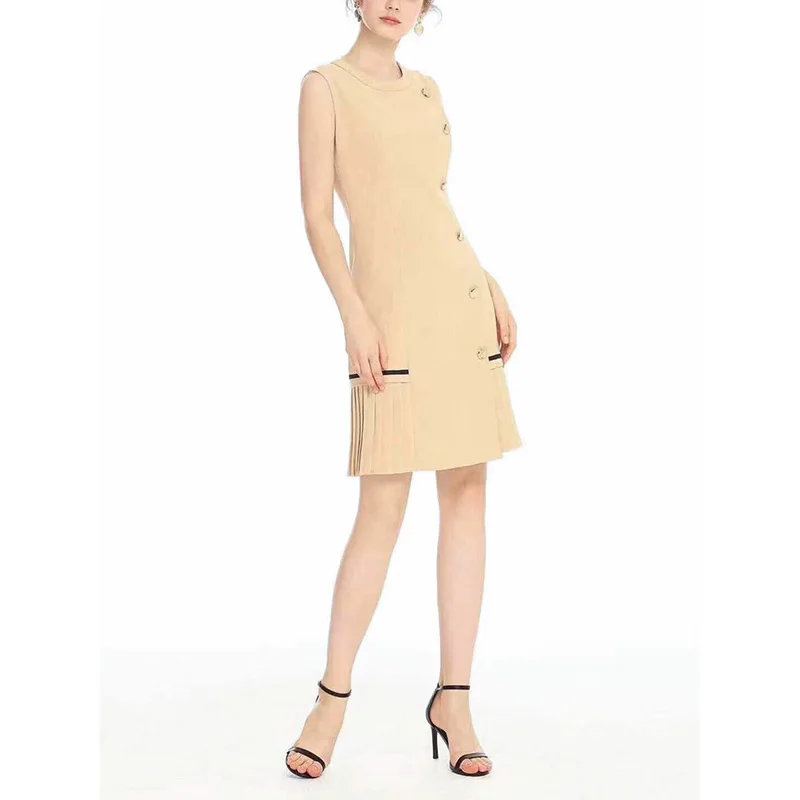 beige Новинка, Осеннее офисное женское платье размера плюс XXL, без рукавов, однобортное, с оборками, элегантное платье миди, черное, бежевое, зеленое - Цвет: beige