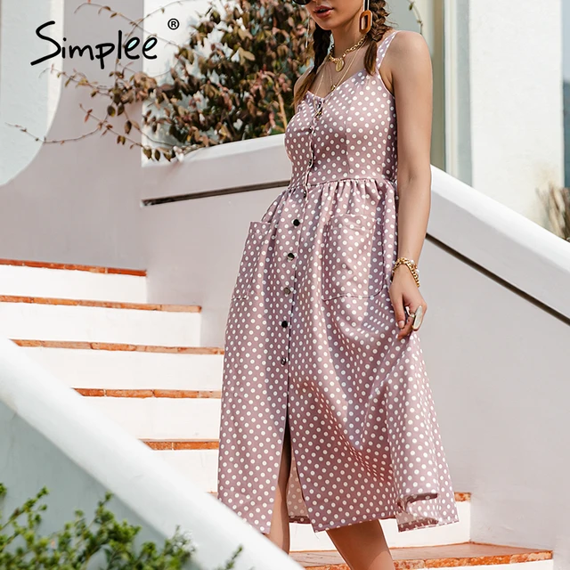 Simplee Casual Polka Dot Dress Sleeveless Holiday style high waist buttoned women's Dress Fashion Mid-length summer dresses NEW 3