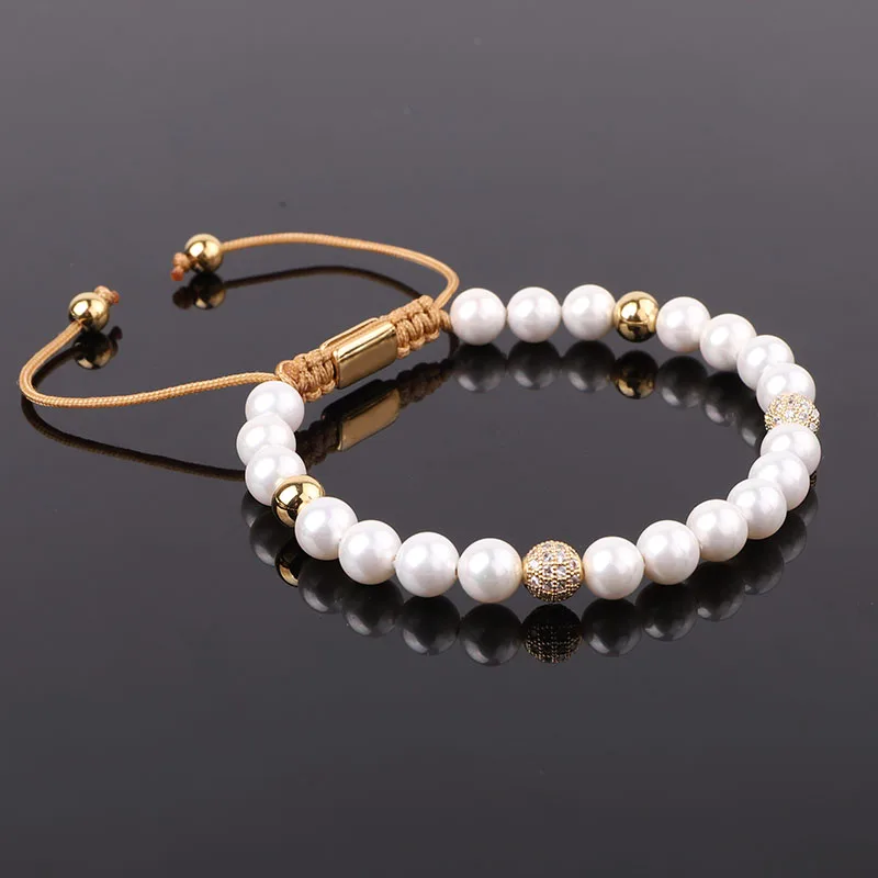 New Design High Quality Shell Pearl Beaded CZ Pave Ball Adjustable Macrame Bracelet Women - Image 3